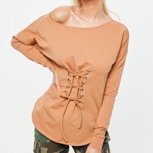 Camel Off Shoulder Lace Up Front Tunic Top